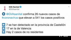 La Comunidad Valenciana alcanza los 541 contagios por coronavirus: 186 en Alicante